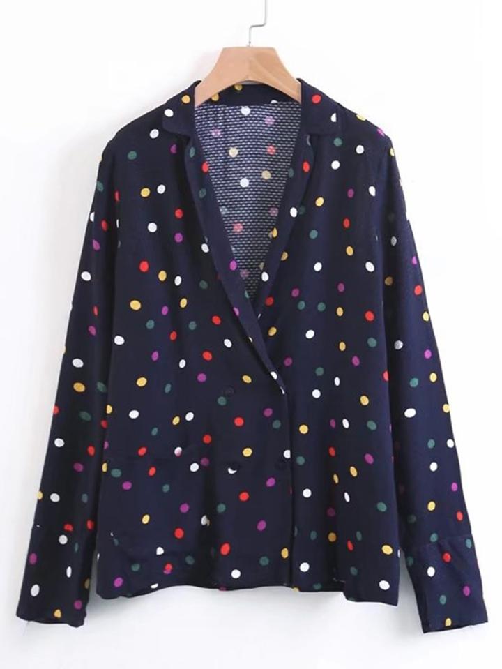 Shein Polka Dot Print Double Breasted Blouse