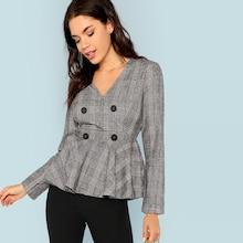 Shein Double Button V-neck Plaid Blazer