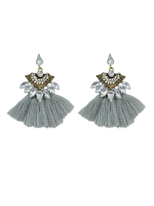 Shein Gray Luxury Rhinestone With Long Tassel Sector Shape Bohemian Earrings