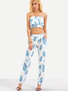 Shein Leaf Print Flounce Cami Top With Pants - Blue