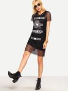 Shein Printed Tank Dress With Mesh Cover-up - Black