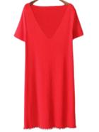 Shein Red V Neck Pompon Hem Short Sleeve Dress