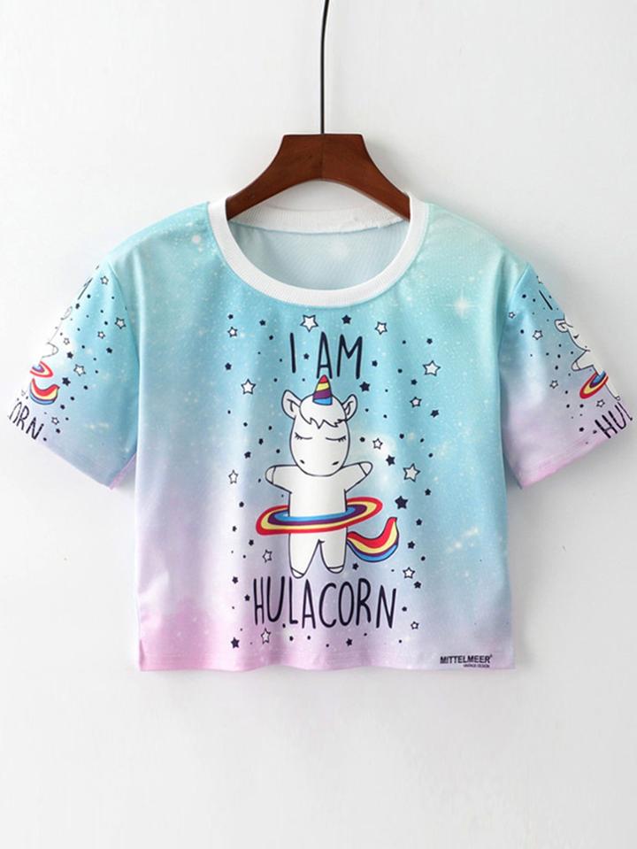 Shein Unicorn Print Crop Tee