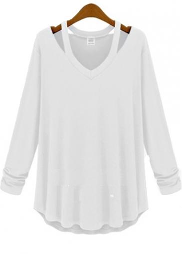 Rosewe Enchanting V Neck Long Sleeve White T Shirt