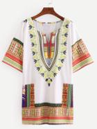 Shein Tribal Print White Tunic Dress
