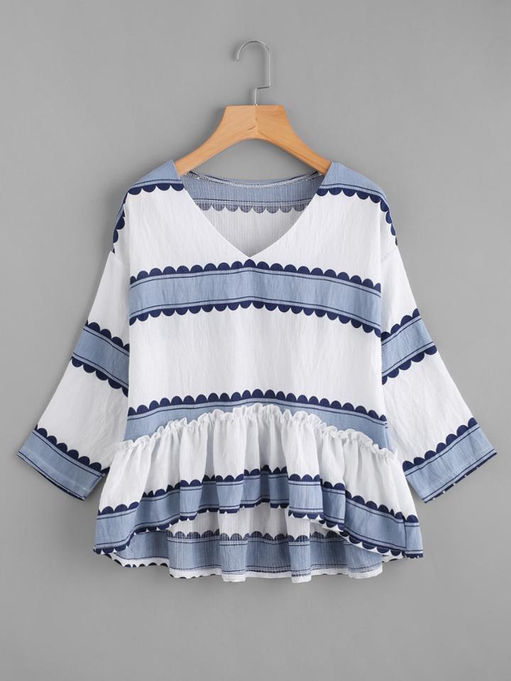 Shein V Neckline Striped Frill Dip Hem Blouse