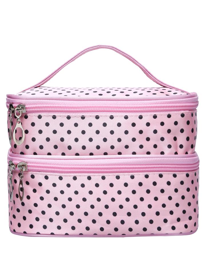 Shein Pink Polka Dot Double Layers Cosmetic Bag