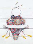 Shein Halter Lace Up Tassel Tribal Print Swimwear