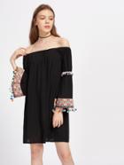 Shein Embroidered Tape And Pom Pom Detail Bell Sleeve Bardot Dress