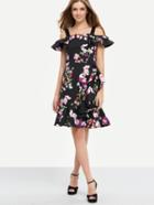 Shein Ruffled Cold Shoulder Flower Print Dress