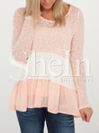 Shein Pink Color Block Crew Neck Flounce Blouse