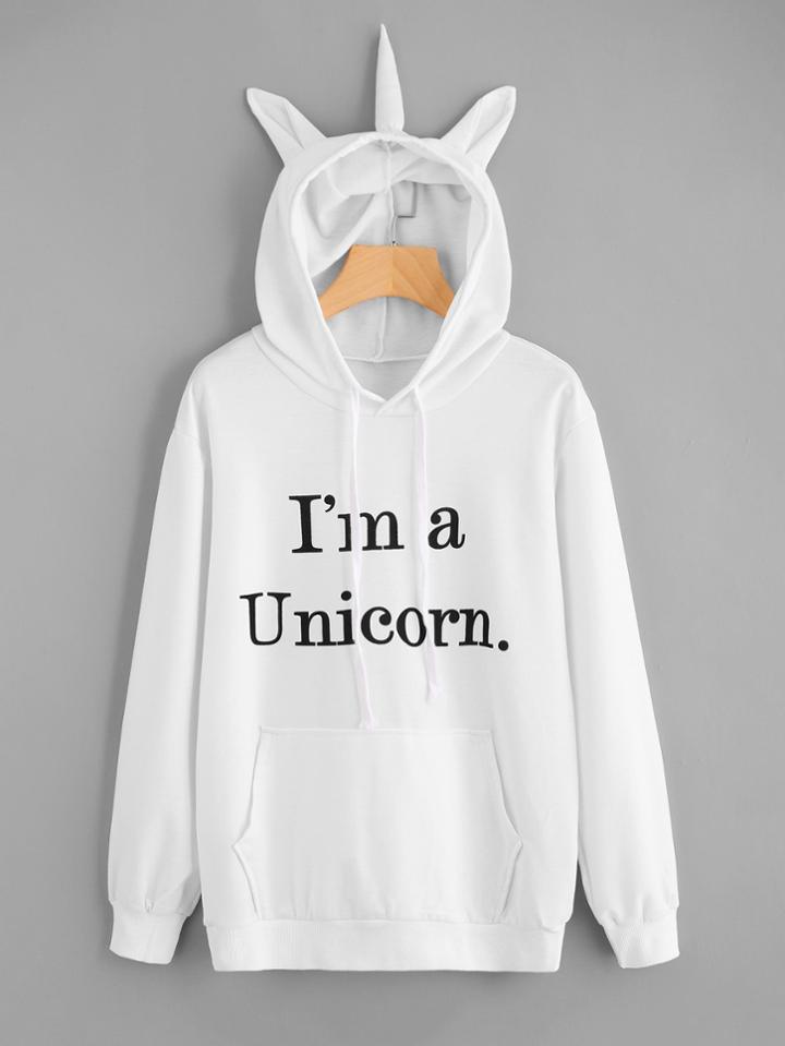 Shein Slogan Print Unicorn Ear Hoodie With Kangaroo Pocket