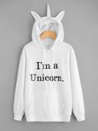 Shein Slogan Print Unicorn Ear Hoodie With Kangaroo Pocket