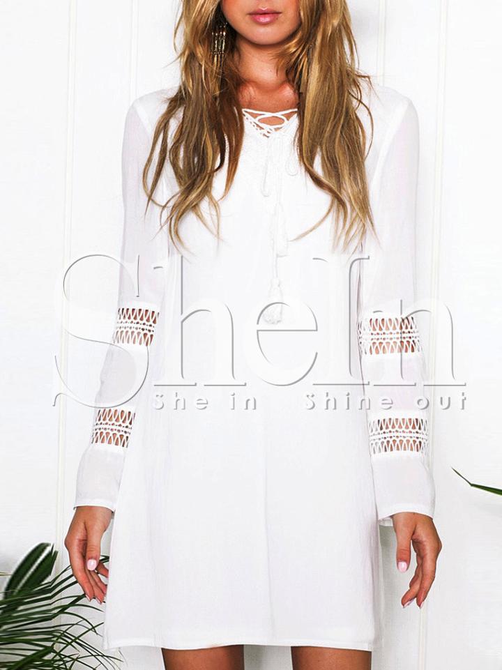 Shein White Hollow Insert Crisscross Front Shift Dress