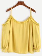 Shein Yellow Cold Shoulder Pom Pom Trim Top