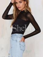 Shein Black Mock Neck Vertical Mesh Insert Blouse