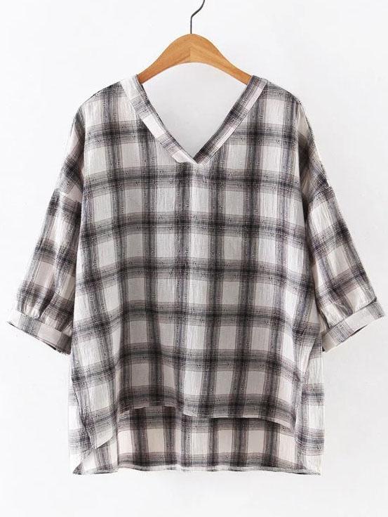 Shein Coffee Dipped Hem Roll Cuff Plaid Blouse