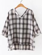 Shein Coffee Dipped Hem Roll Cuff Plaid Blouse