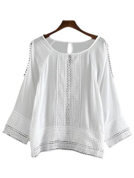 Shein White Cold Shoulder Keyhole Back Lace Splicing Blouse