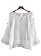 Shein White Cold Shoulder Keyhole Back Lace Splicing Blouse