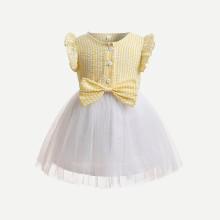 Shein Girls Striped Bow Waist Contrast Mesh Dress