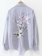 Shein Blue Pinstripes Drop Shoulder Flower Embroidery Back Pocket Shirt