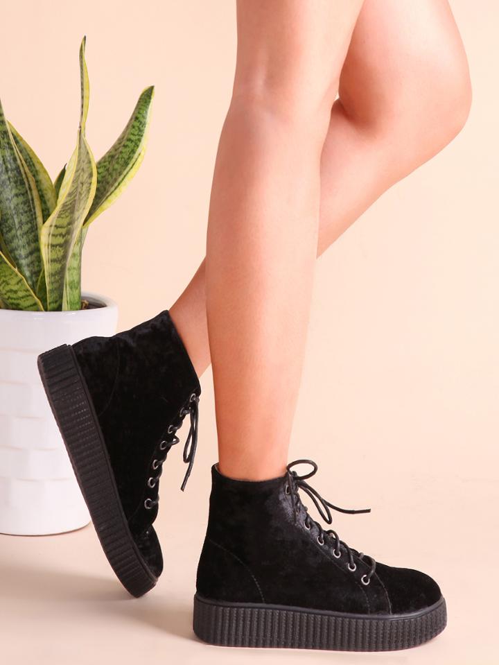 Shein Black Rubber Sole Lace Up Velvet Boots