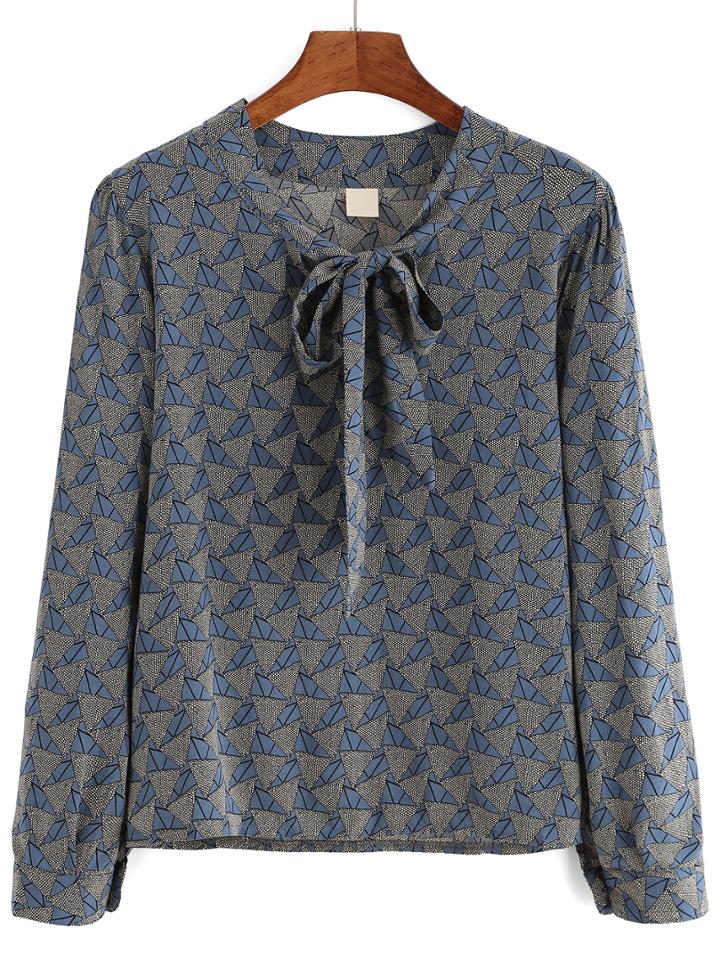 Shein Blue Grey Tie Collar Geometric Print Blouse
