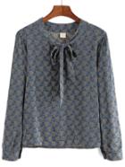Shein Blue Grey Tie Collar Geometric Print Blouse