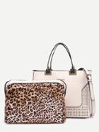 Shein White Laser Cut Satchel Bag With Leopard Makeup Bag