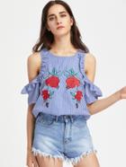 Shein Frill Open Shoulder Rose Embroidered Striped Top