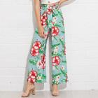 Shein Frill Trim Tropical Print Belted Palazzo Pants