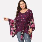Shein Plus Mixed Print Hanky Hem Belted Blouse