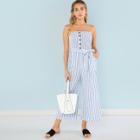 Shein Button Accent Shirred Panel Striped Strapless Jumpsuit