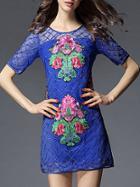 Shein Blue Gauze Embroidered Sheer Shift Dress