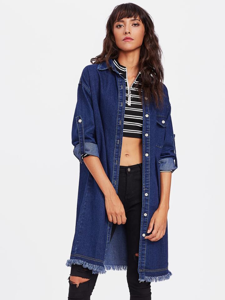 Shein Drop Shoulder Roll Up Sleeve Raw Hem Denim Coat