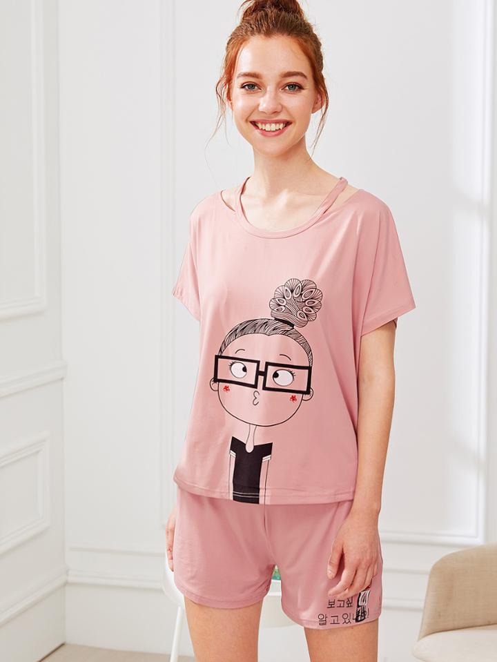 Shein Cartoon Girl Print Tee & Shorts Pj Set
