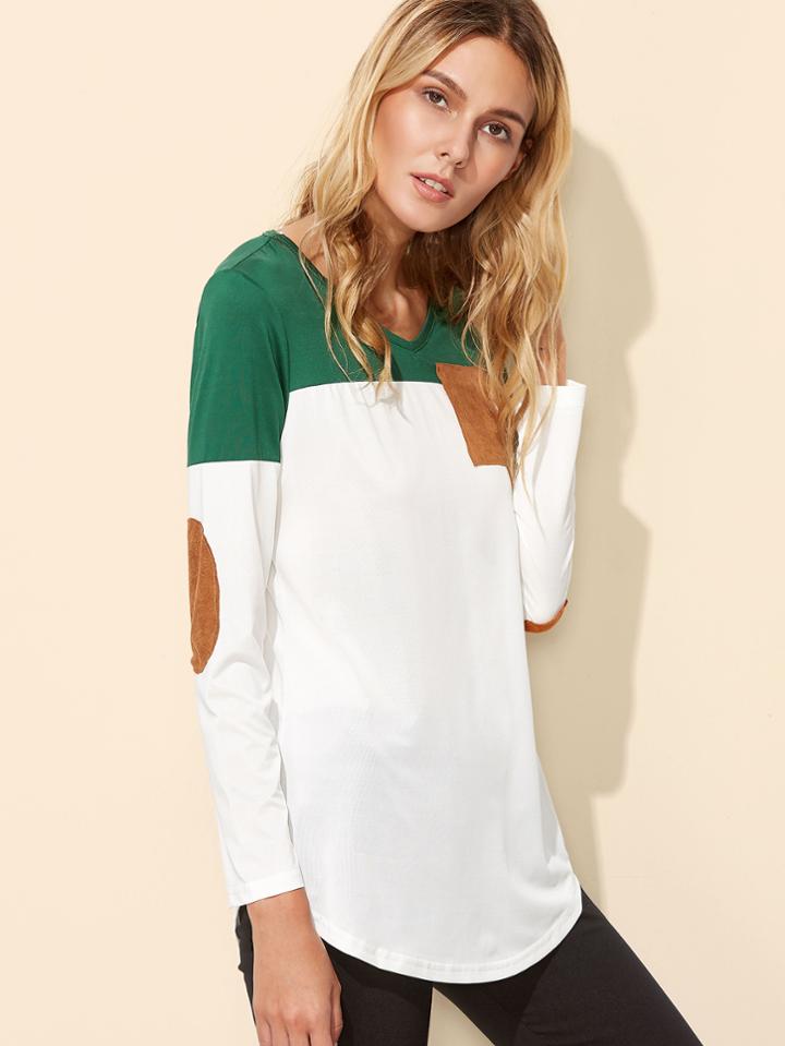 Shein Color Block Elbow Patch Curved Hem Top