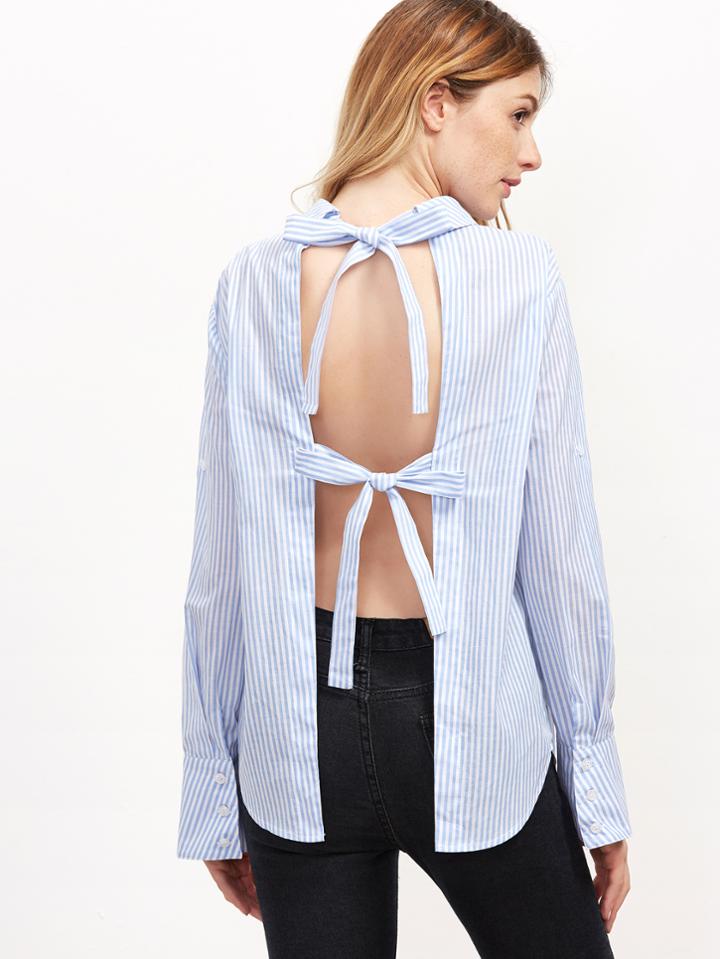 Shein Blue Vertical Striped Bow Tie Open Back Blouse