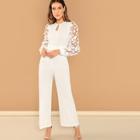 Shein 3d Applique Sheer Sleeve Keyhole Front Jumpsuit