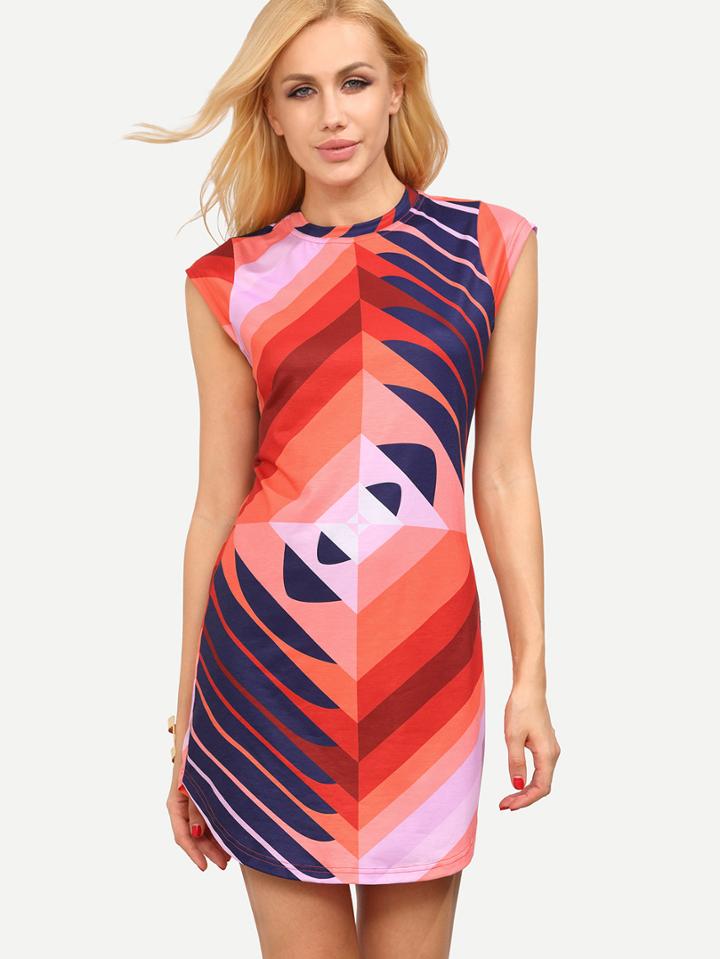 Shein Multicolor Print Cap Sleeve Dolphin Hem Dress