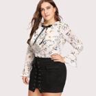 Shein Plus Ribbon Tie Neck Botanical Print Frill Blouse