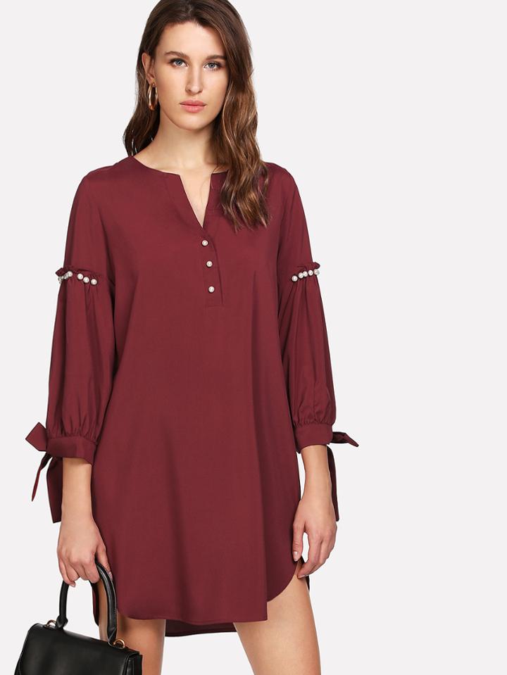 Shein Pearl Beading Tie Cuff Tunic Dress
