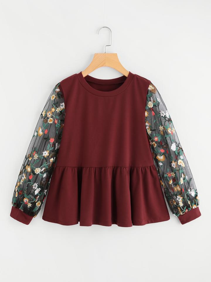 Shein Floral Embroidered Lace Panel Frill Sweatshirt