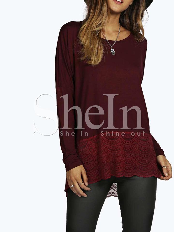 Shein Burgundy Round Sleeve With Lace T-shirt
