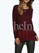 Shein Burgundy Round Sleeve With Lace T-shirt