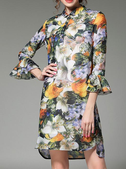 Shein Multicolor Bell Sleeve Flowers Print Shift Dress