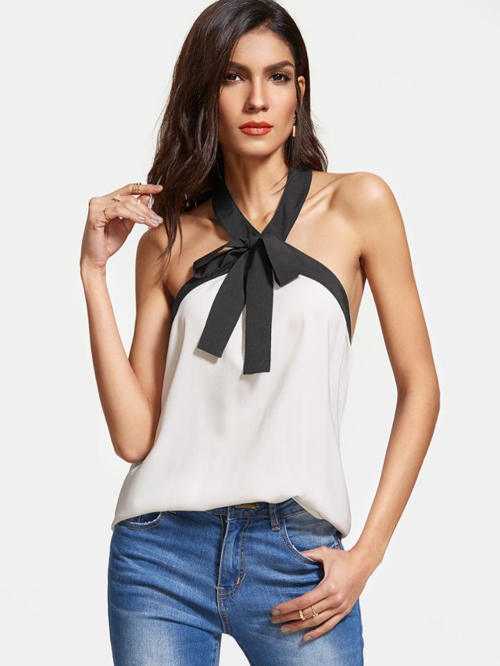 Shein White Contrast Bow Tie Halter Neck Top