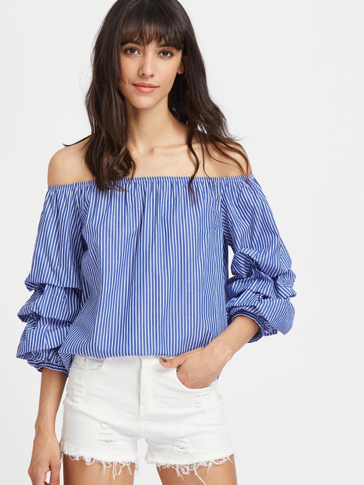 Shein Off Shoulder Ruched 3/4 Sleeve Pinstripe Top