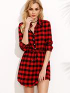 Shein Red Plaid Drawstring Waist Shirt Dress